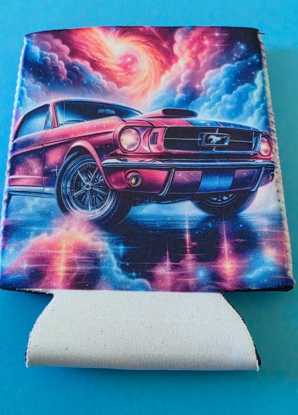 Stubby Holder with a car design on a blue and pink background.
Homemade - BH Creations By Mel
