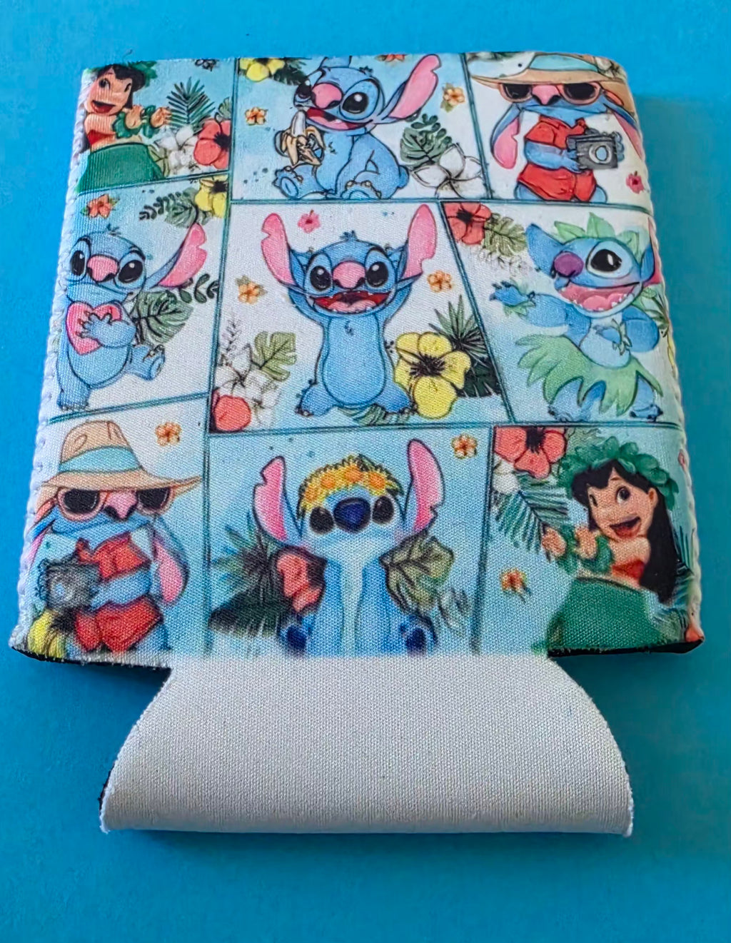 Stubby Holder with Stitch character pattern on a blue background.
Homemade - BH Creations By Mel